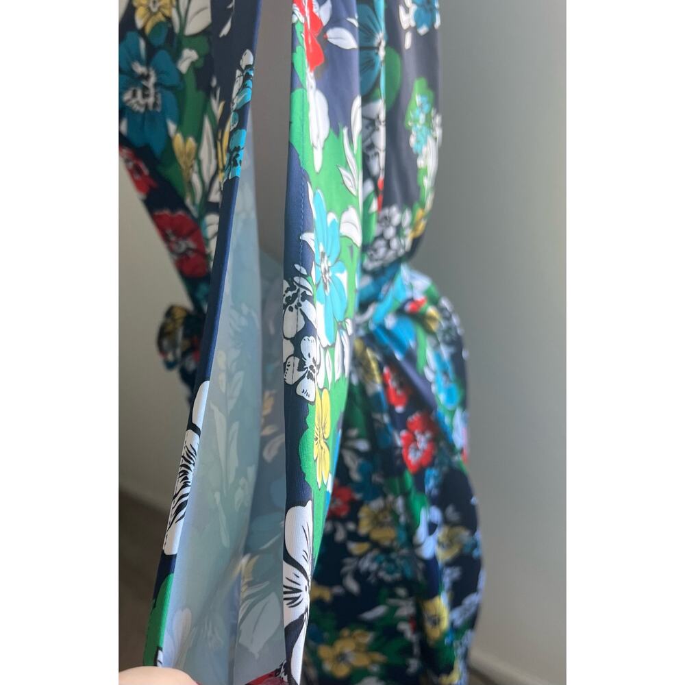 Vibrant Retro Floral Multicolor 3/4 Slit Sleeves Tie Waist MIDI Dress Sz XL - Picture 3 of 8